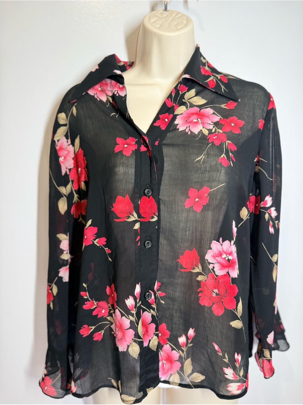 Floral Sheer Button-Down Blouse in Black and Pink